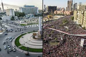 右圖為2011年2月18日，埃及開羅解放廣場擠滿人，慶祝總統穆巴拉克下台，左圖為今年11月11日同一地點車輛經過。法新社