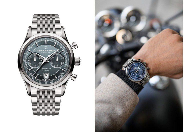 精鋼鍊帶與灰藍色表面的組合，讓寶齊萊Manero Flyback腕表帶來歐式的紳士聯想。圖 / 寶齊萊提供。