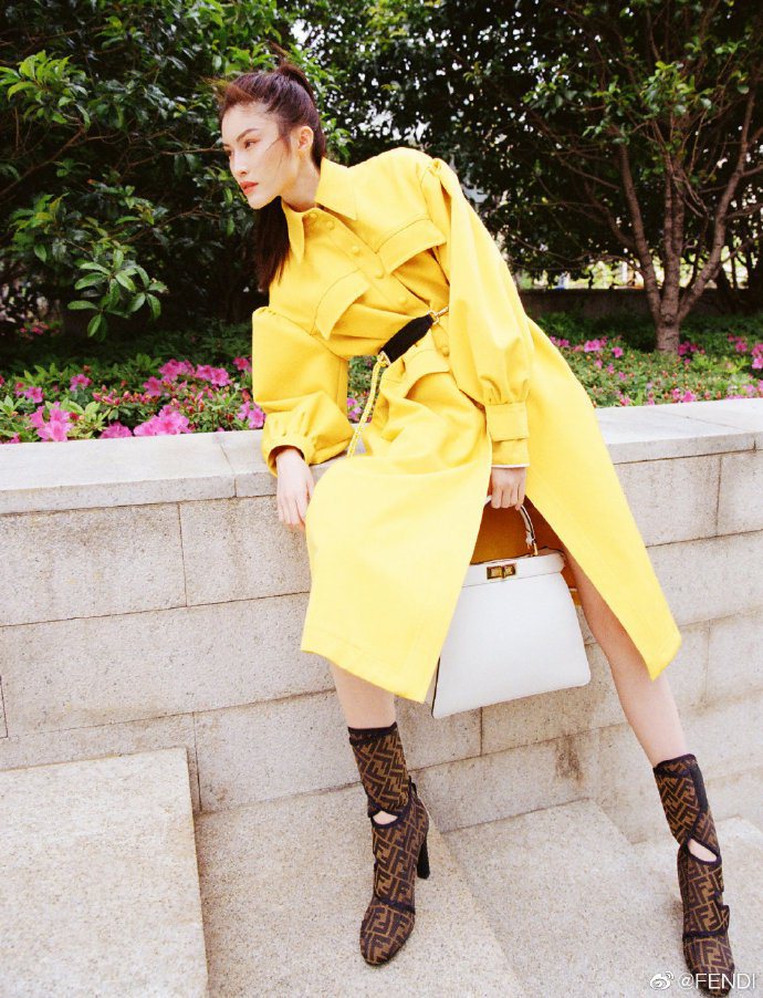 「何仙姑」何穗身穿楊謹華同款FENDI亮麗黃大衣。圖／取自微博
