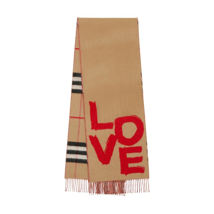 BURBERRY格紋喀什米爾LOVE字樣緹花圍巾，21,900元。圖／BURBERRY提供