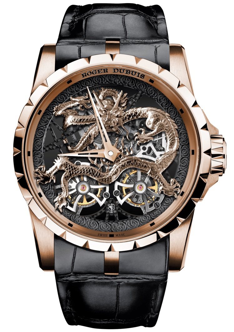 Roger Dubuis飛龍鏤空飛行陀飛輪腕表，玫瑰金、45毫米、手上鍊機芯、日內瓦印記、全球限量8只，專賣店限定，1,100萬元。圖 / Roger Dubuis提供。