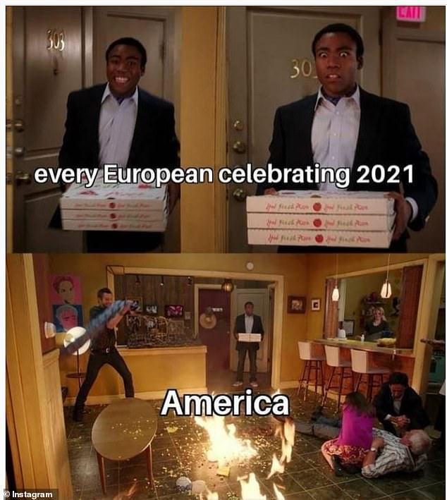 网友梗图发挥创意，表示「当每个欧洲人正要庆祝2021年，美国家中却起火」。每日邮报(photo:UDN)