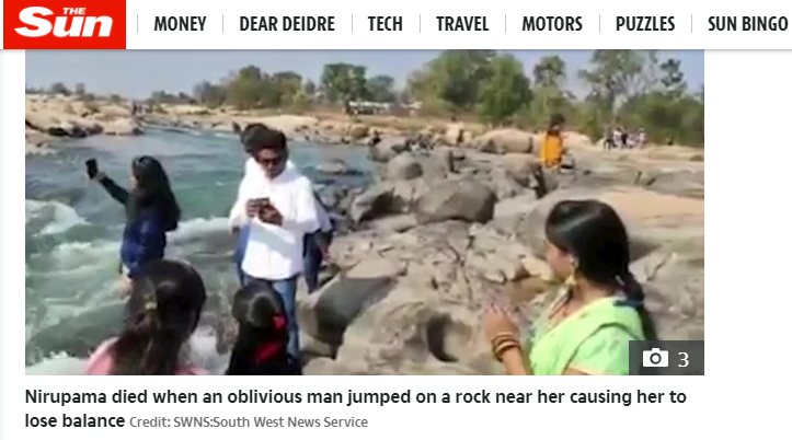 印度一名女子普拉亚帕蒂（Nirupama Prajapati）日前到卡纳孔德（Kanakund）欣赏河畔美景时专心寻找自拍角度，意外遭身后男子跌倒波及而跌入湍急水流中，不幸丧命。图撷自(photo:UDN)