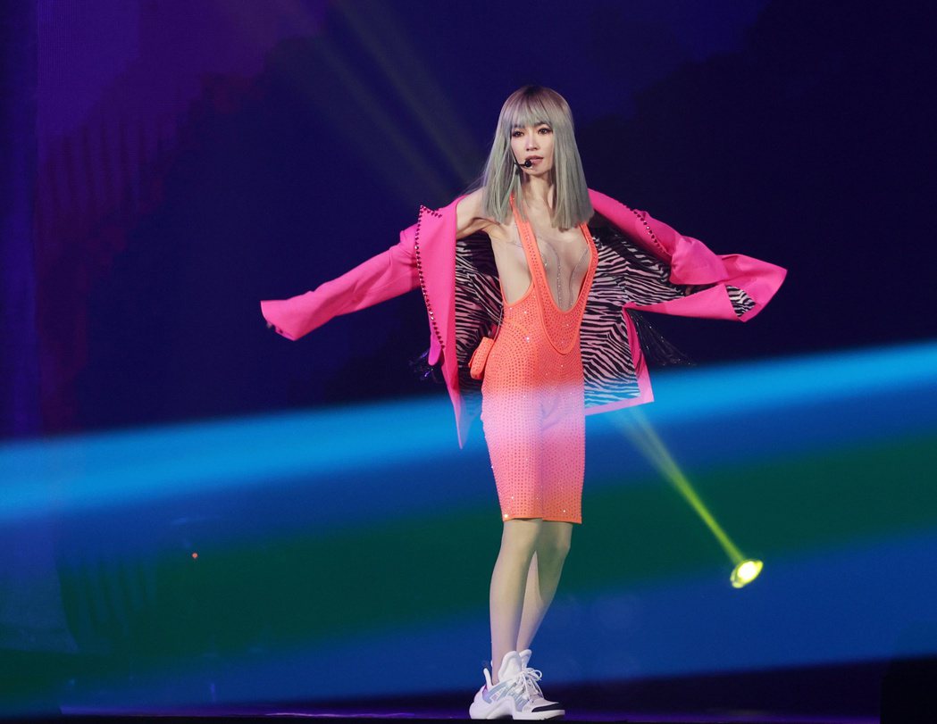 歌手謝金燕昨日於台北小巨蛋開唱，以亮麗穿搭搭配舞台炫麗燈光，跳出精彩舞曲。記者曾...