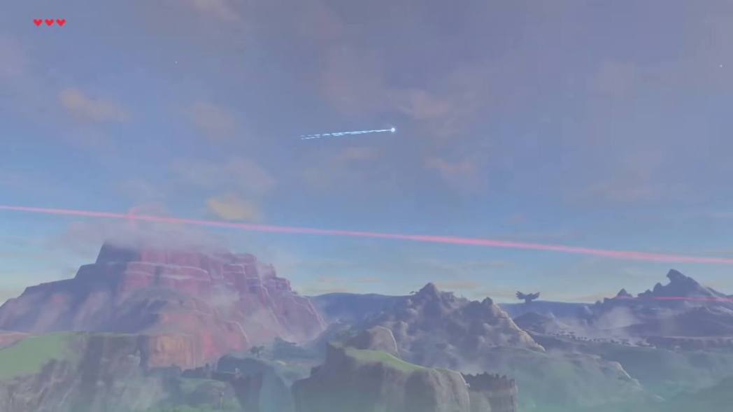 ゼルダねこ 此時看向左方的天空，仍可看到箭還在飛。
