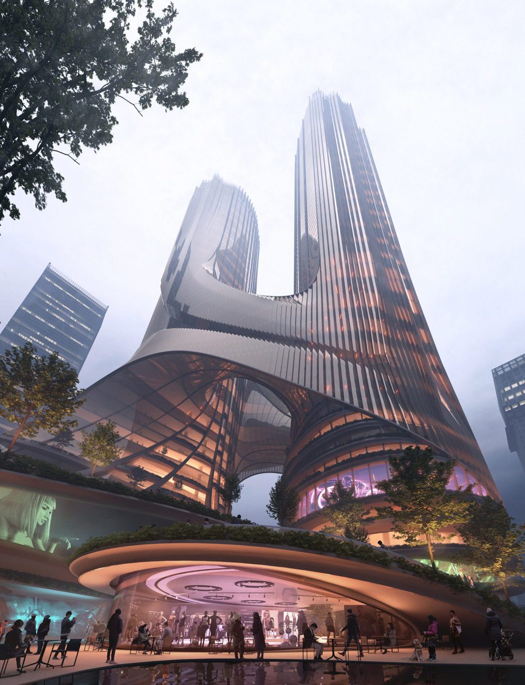 深圳灣超級總部的C塔，將大樓與四周公園、廣場連結。圖／摘自Zaha Hadid ...
