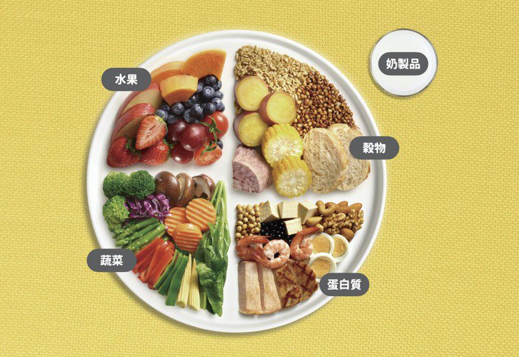 美國飲食指南將食物分成水果、穀物、蔬菜、蛋白質、奶製品等五大類，每日攝取均衡營養...