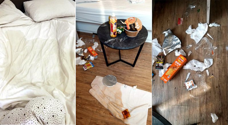 有網友抱怨房客不能有點同理心嗎，一堆垃圾丟地上，讓清潔人員怎麼清理。圖擷自「爆怨公社」。