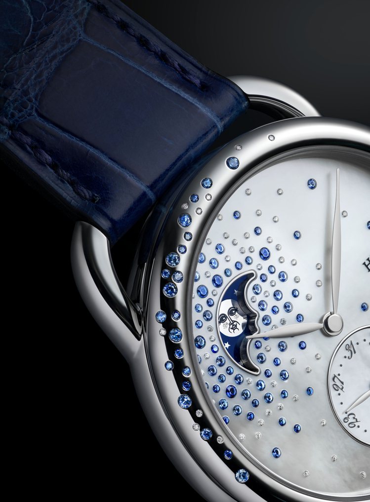 愛馬仕Arceau Petite Lune小月相腕小月相珠寶腕表，38毫米精鋼鑲鑽與藍寶石表殼、自動上鍊機芯，35萬400元。圖／愛馬仕提供