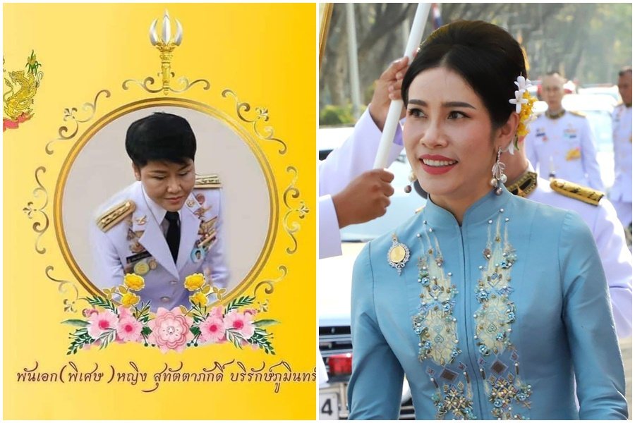 泰國國王瓦吉拉隆功廿七日封「後宮團」一名成員薩塔塔帕克為少將（左），據說她是僅次於王后蘇堤達和貴妃詩妮娜的「三號人物」（右）。圖／擷取自Twitter、歐新社