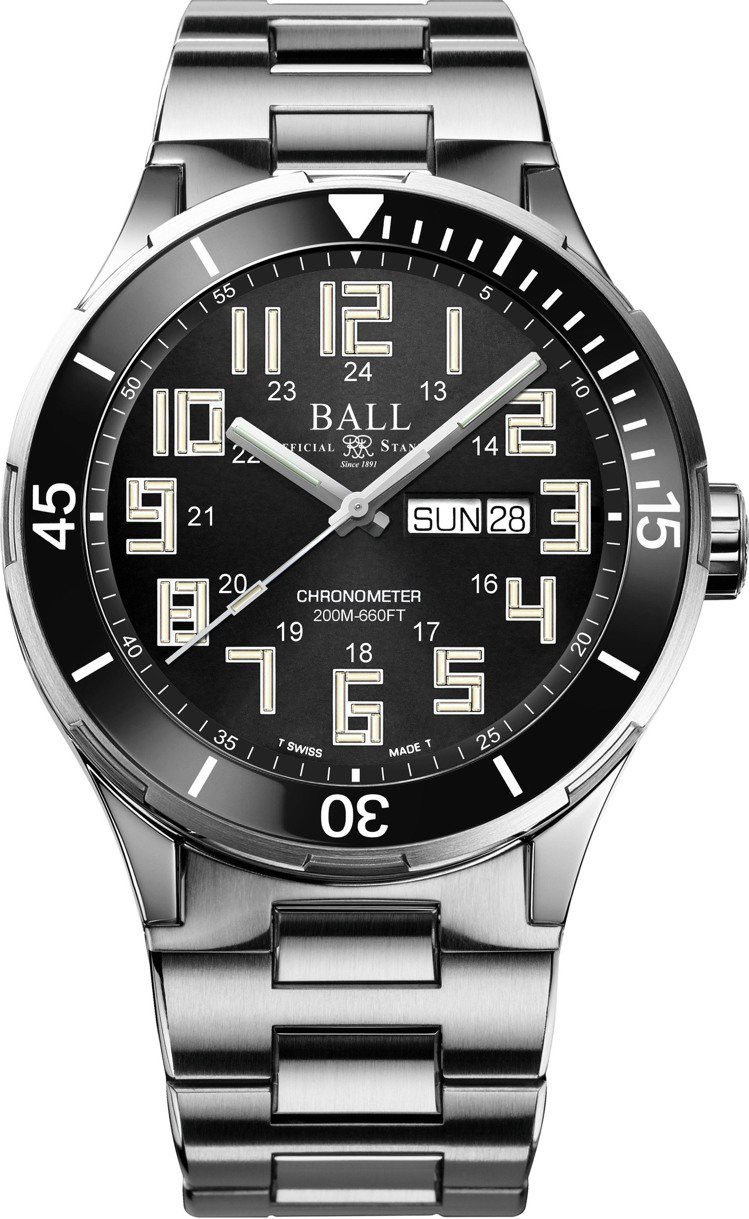 Ball Watch，Roadmaster StarLight Ceramic腕表，精鋼、43毫米、自動上鍊機芯、時間顯示、星期月份顯示、防水200米、瑞士天文台認證，68,800元。圖 / 波爾表提供。