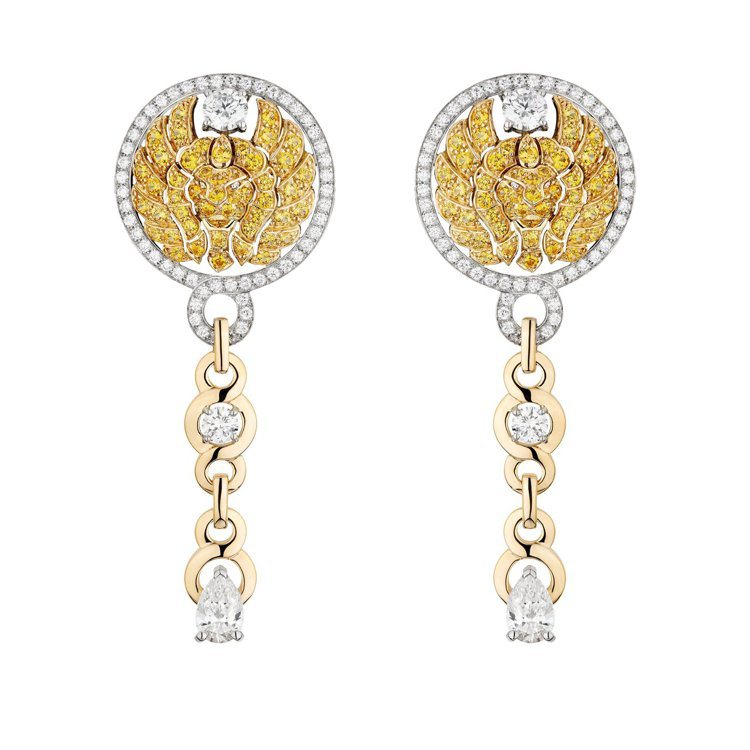 Lion Emblématique耳環，18K黃金及鉑金鑲嵌鑽石、黃色剛玉，26...