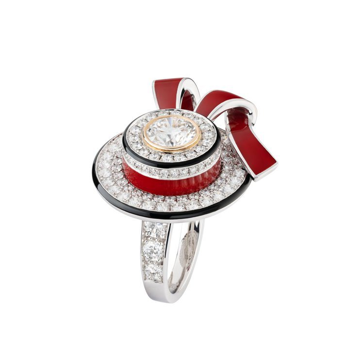 Ruban Canotier戒指，18K白金及粉紅金鑲嵌鑽石、黑漆、紅漆及鑽石，...
