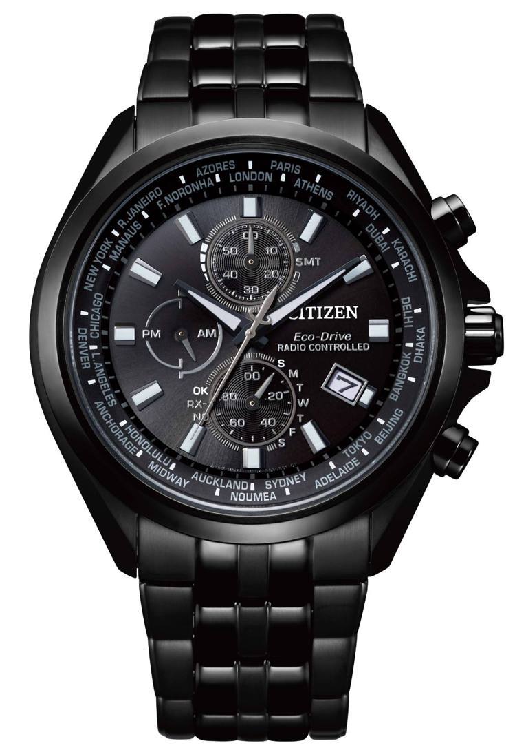 CITIZEN光動能全球電波AT8205-83E對時表，鍍碳黑色精鋼表殼、表鍊，...