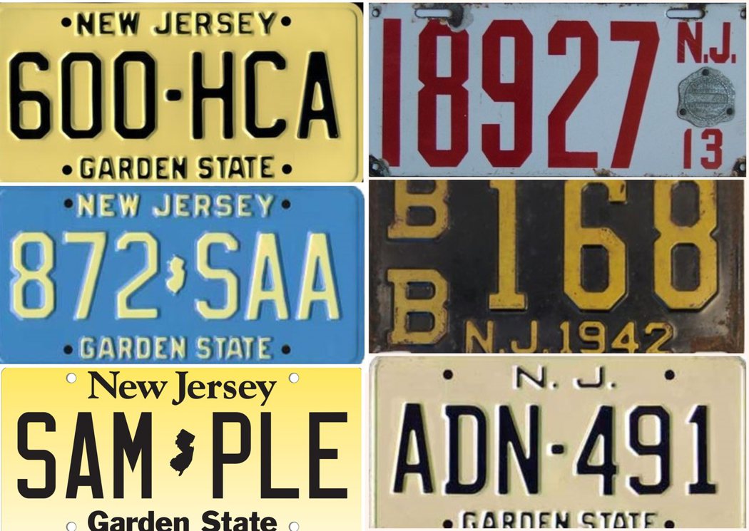 紐澤西州車牌照的演變史，從右上角1913年，到右下角1959年加上花園之州的字樣，再到1979年左邊藍色牌照中間加上紐澤西州的地圖，最後左下角牌照由90年代後期一直到現在的樣式。