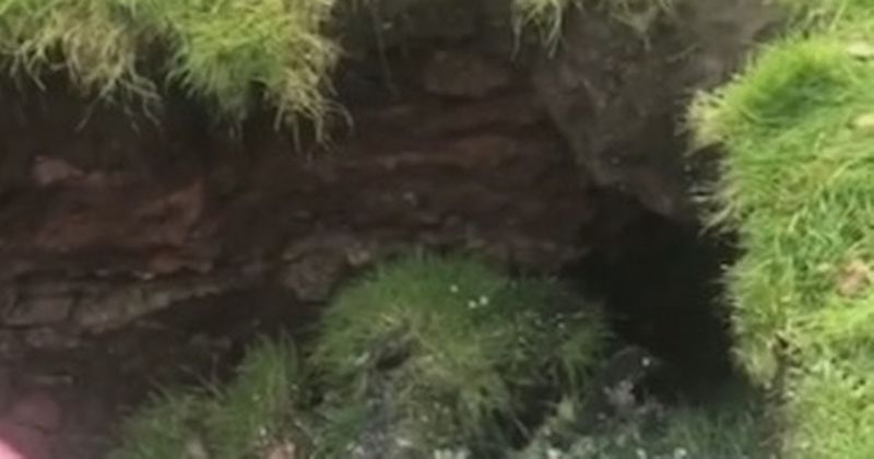 英国利物浦「格兰特花园」的一处草皮突然塌陷，出现一个又大又深的坑洞。 图／撷自《(photo:UDN)