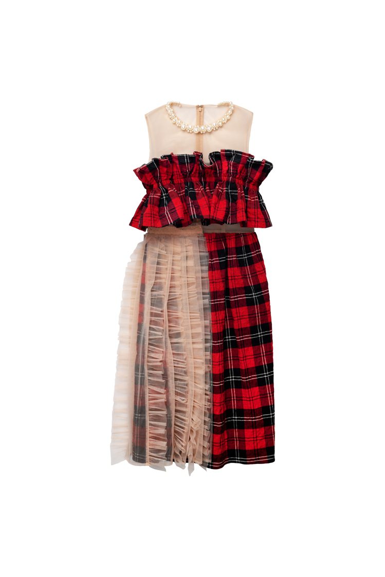 H&M與Simone Rocha聯名系列女裝格紋薄紗拼接洋裝4,999元。圖／H&M提供