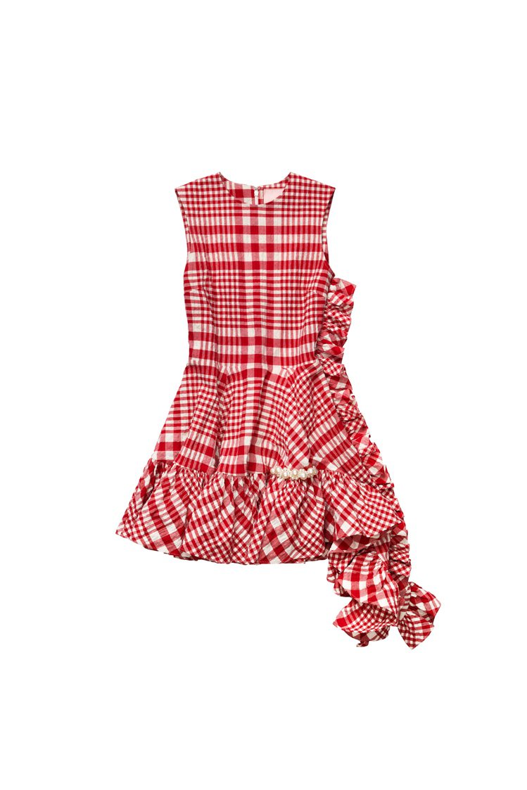 H&M與Simone Rocha聯名系列女裝紅色格紋洋裝3,999元。圖／H&M提供