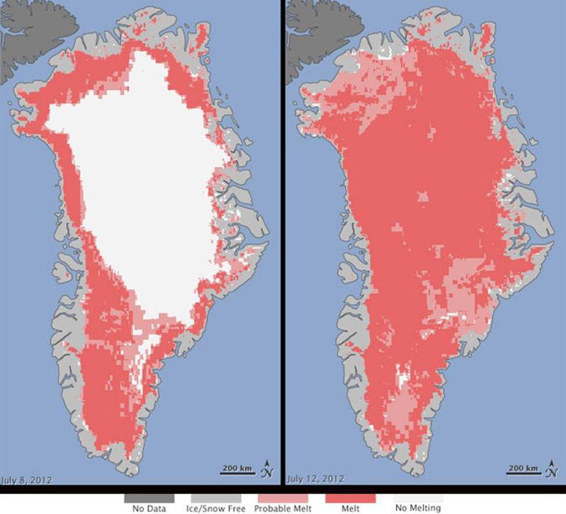 2012年美国太空总署发布的格陵兰融冰图，红色部分为有冰层融化的范围。（NASA）(photo:UDN)