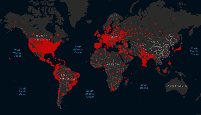 全球確診地圖。圖擷自JHU網站