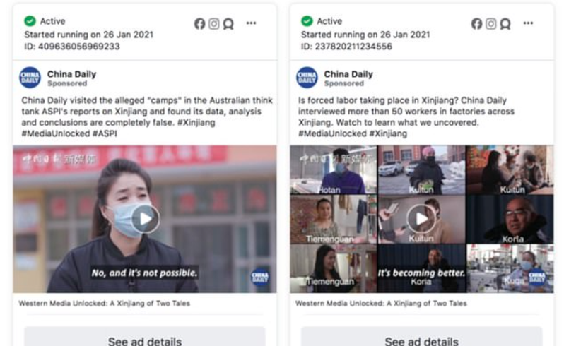 以中国日报为例，脸书向其收取400美元（约新台币1.1万）的费用，宣传该报10月分的一篇文章，文章中指责西方国家「撒谎」和散布「虚假信息」。图／Facebook(photo:UDN)