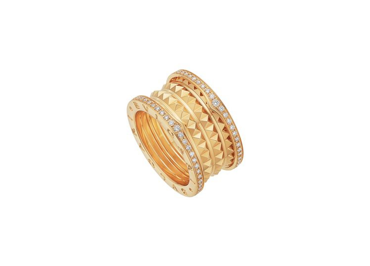 BVLGARI B.zero1 Rock系列黃K金四環鑲鑽戒指，約23萬3,200元。圖／寶格麗提供