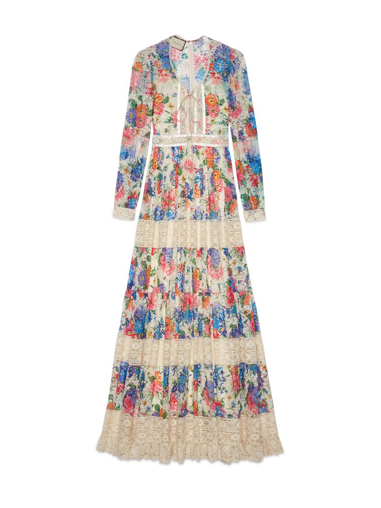 Ken Scott Collection彩色蕾絲長洋裝，26萬5,000元。圖／Gucci提供