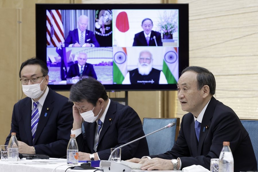 圖為日本首相菅義偉，攝於3月12日，「四方安全對話」。 圖／美聯社