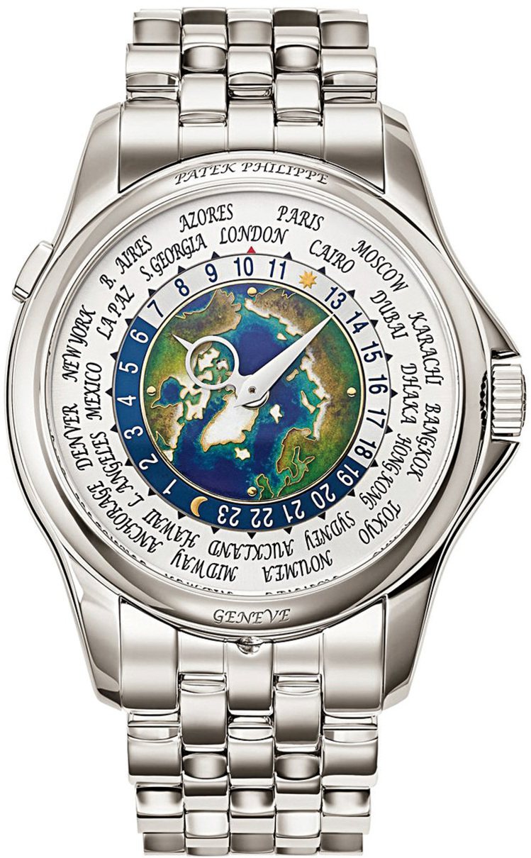 百達翡麗型號5131/1P-001，鉑金自動鍊帶腕表，備世界時區、北極地圖掐絲琺...
