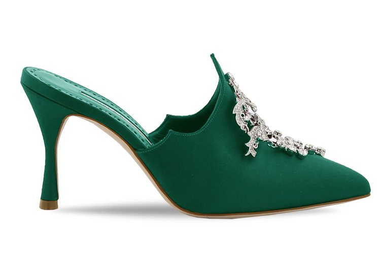 VALENTA綠色鑽飾高跟鞋，51,800元。圖／Manolo Blahnik提...