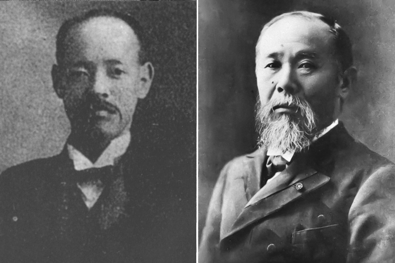 高松豐次郎（左）受伊藤博文（右）的鼓勵前來台灣進行電影放映。 圖／維基共享