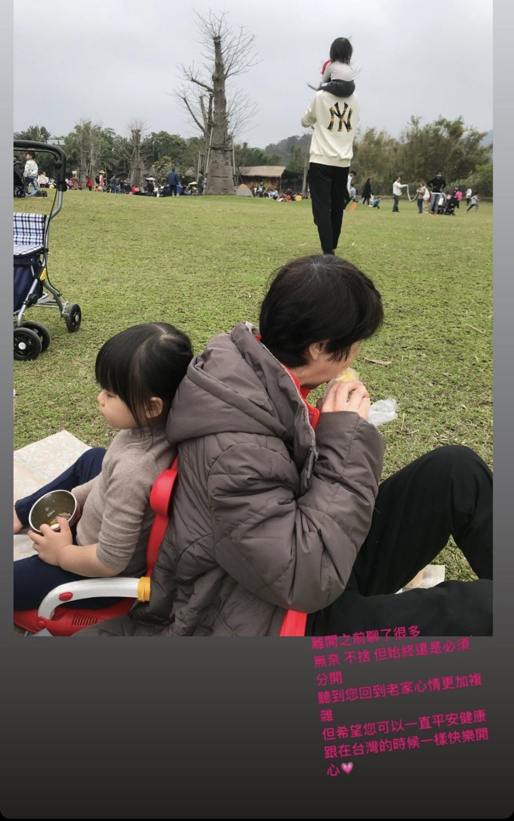 江宏傑Po出愛媽（右）與女兒小小愛野餐天倫照，文字兼滿是無奈與不捨。圖／摘自IG