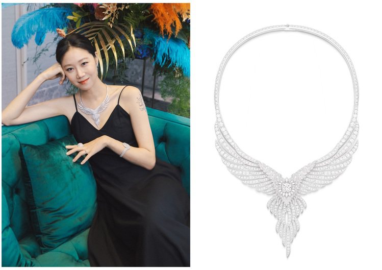 本次頂級珠寶展雖未現身台灣，但孔曉振仍配戴上本次亮點之一、可轉換珠寶的Wings of Light系列頂級珠寶羽翼鑽石項鍊。圖 / PIAGET提供（合成圖）。