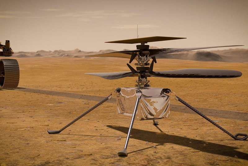 火星直升機機智號脫離探測車並完全展開的示意圖。兩者完全分離需要6個火星日（地球的6天再加4小時）。法新社