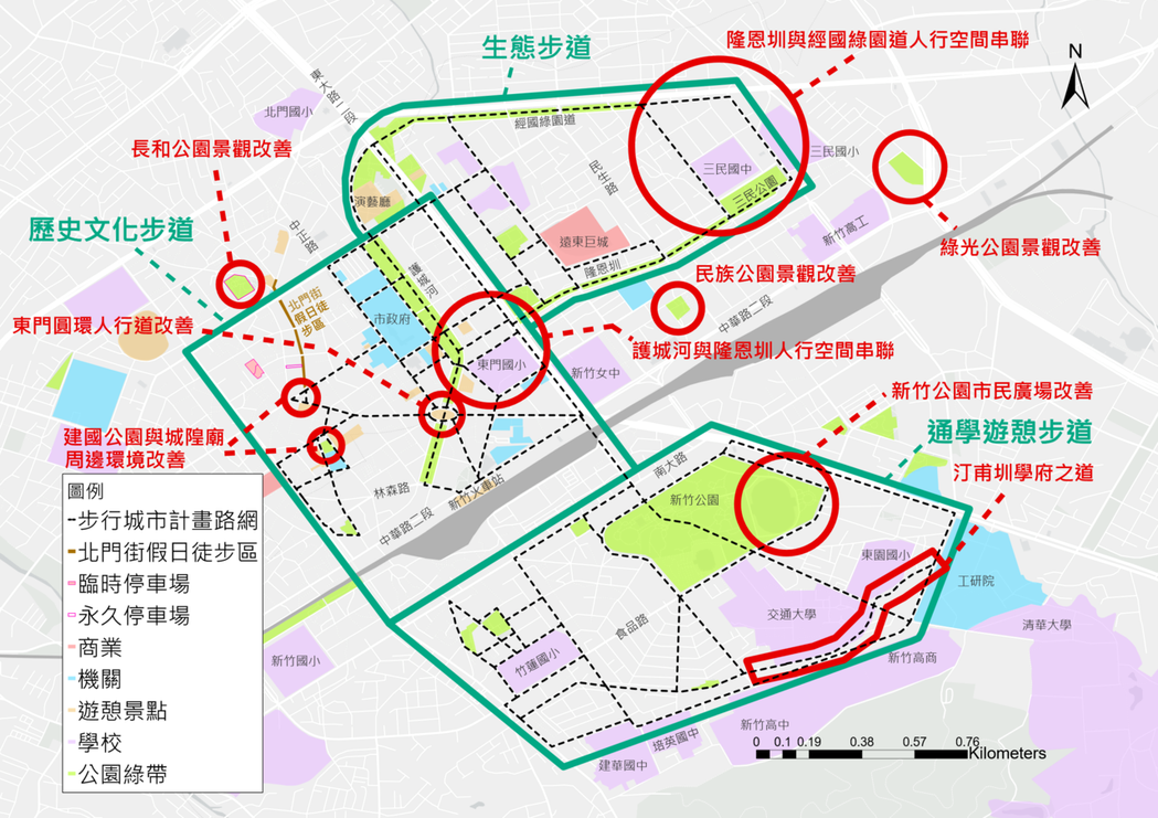 新竹市步行城市計畫的各項硬體建設工程多已完工並啟用。 製圖／王鉑華