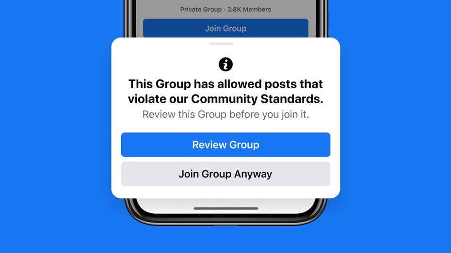 Facebook將主動告知用戶即將加入的社團已違反《社群守則》，協助用戶做出知情的決定。圖／Facebook提供