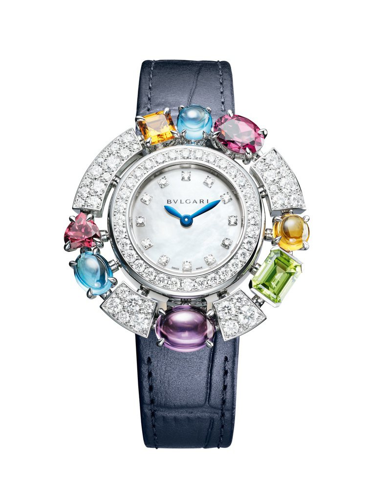 Allegra系列白K金彩寶腕表，約95萬6,000元。圖／寶格麗提供