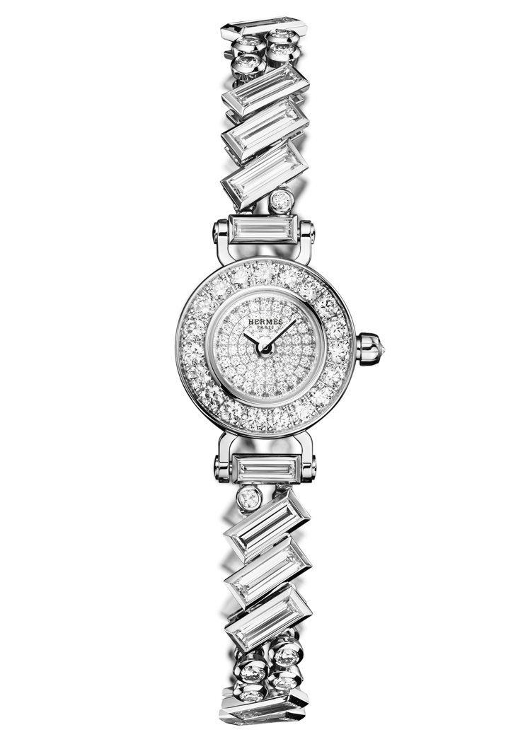 Faubourg Polka白金鑲嵌長梯型鑽石腕表，價格未定。圖／愛馬仕提供