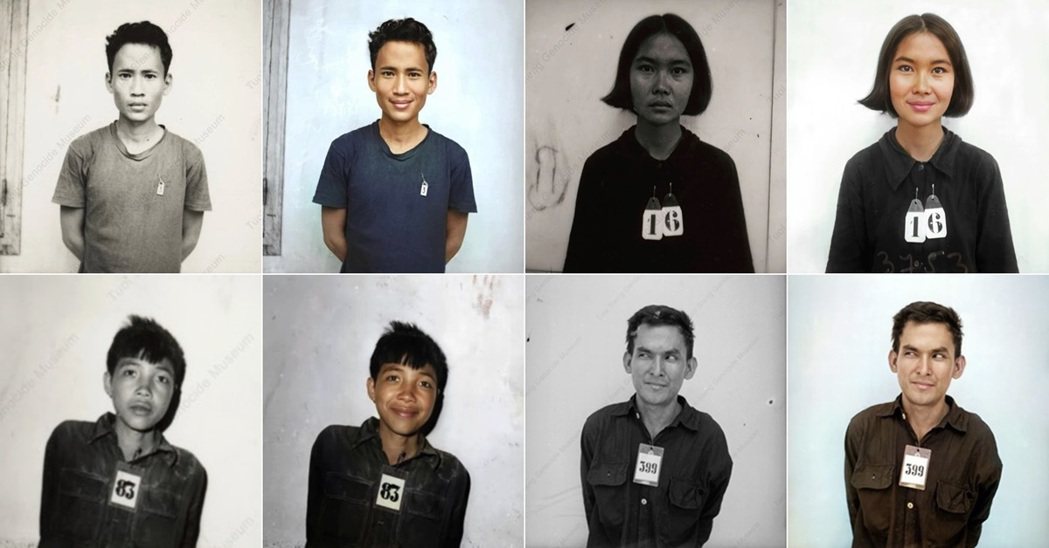 圖為赤柬受害者的照片與改圖。其中右下兩張為被藝術家「誤植」姓名與生平的「博拉」（...