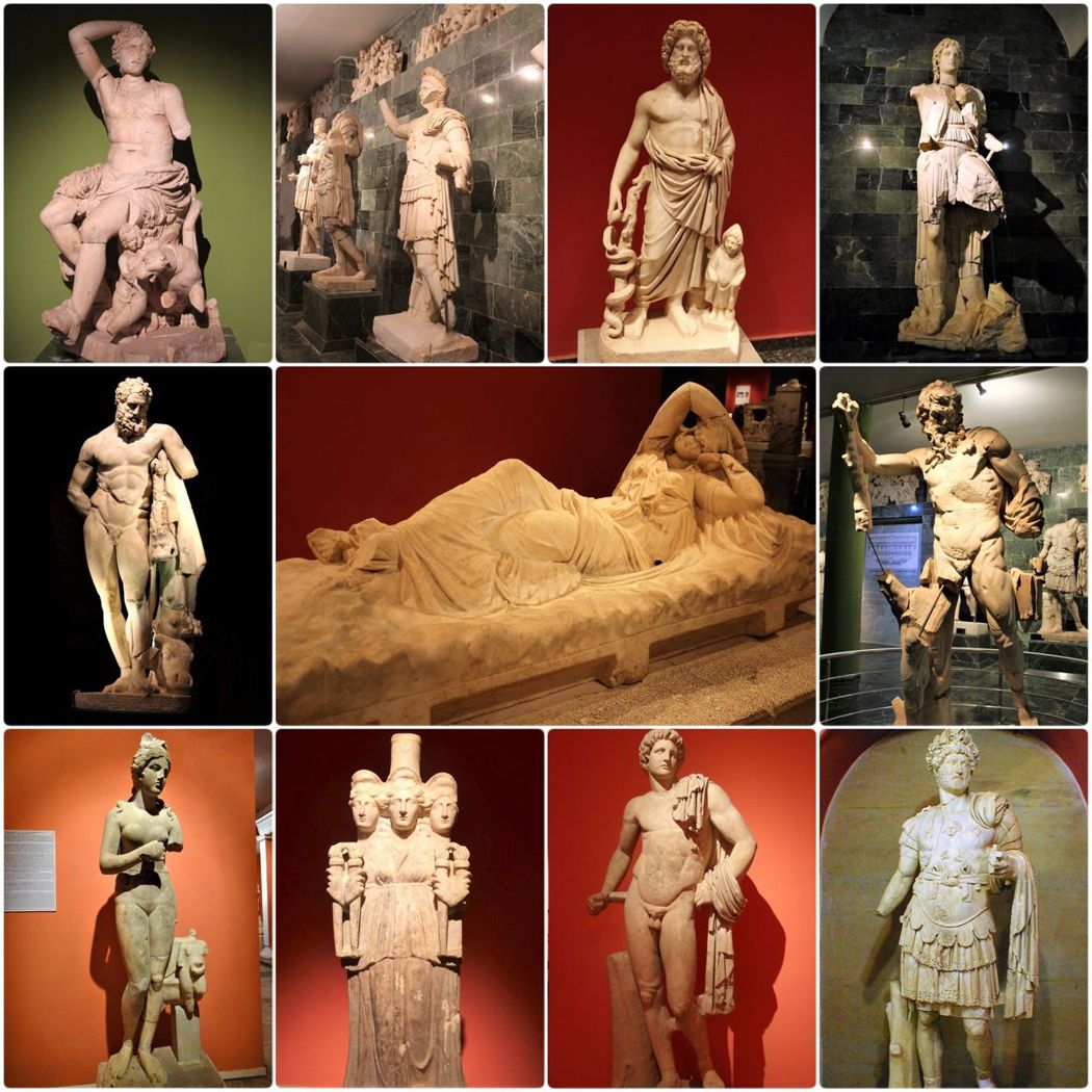 各個高大的人物雕像，右下角為哈德良皇帝。