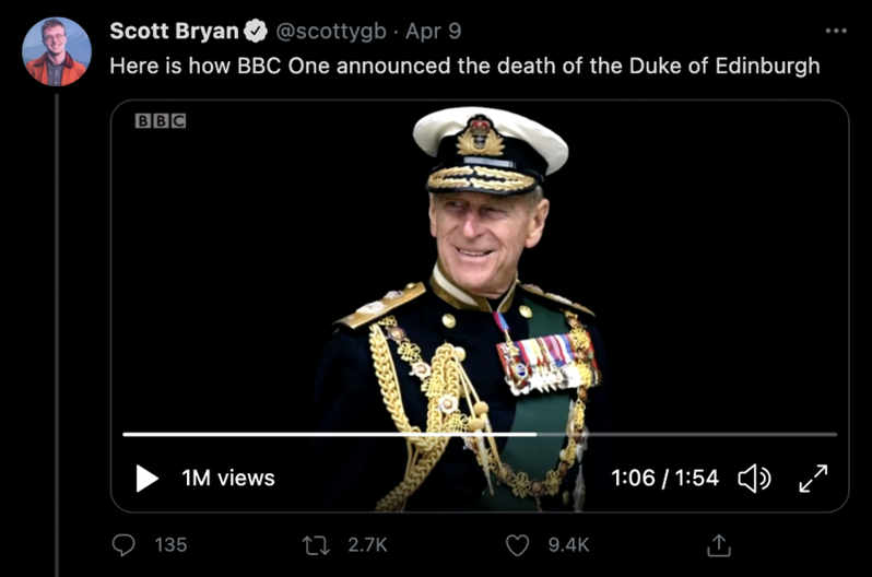 BBC报导菲利普亲王逝世的新闻画面。（Scott Bryan推特截图）(photo:UDN)