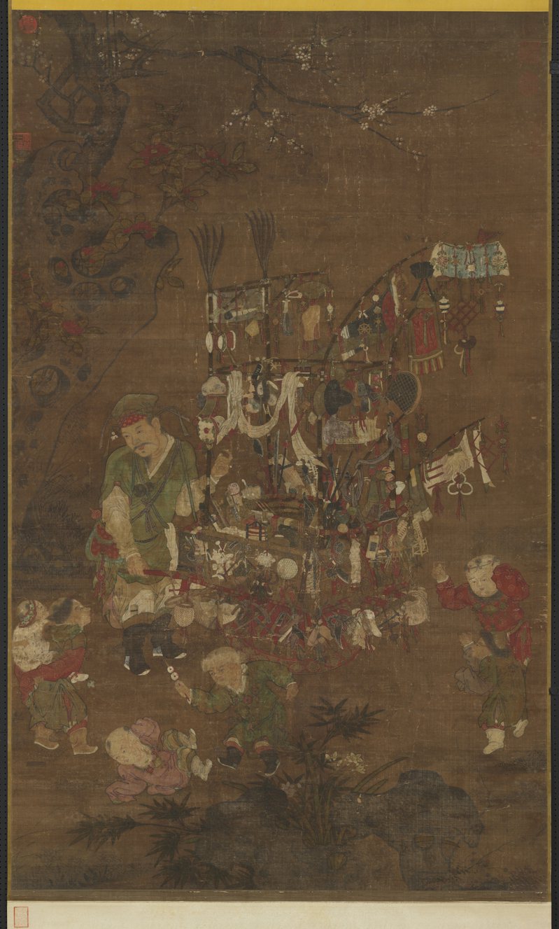 「宋蘇漢臣貨郎圖 」，畫中小孩的髮型反映宋代人的育兒觀。圖／故宮提供