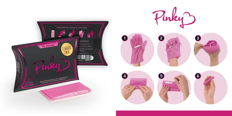根據兩位發明人，「粉紅手套」的功用是讓經期中的女性可以「衛生又不引人注意」地移除並丟棄棉條和衛生棉等經期用品。 圖／取自pinky gloves官網
