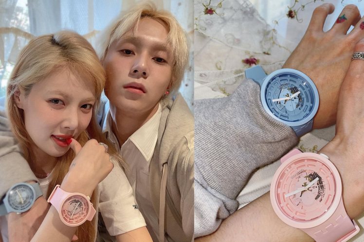 泫雅和歌手男友Dawn搶先戴上SWATCH推出的生物陶瓷腕表，甜蜜曬恩愛，簡直是粉紅泡泡爆擊。圖／摘自instagram
