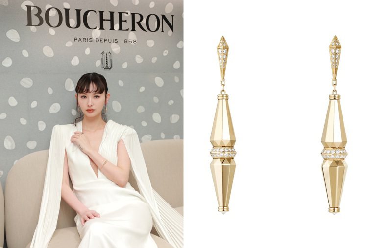 白色洋裝怎麼展現個性和性感？模特兒兼演員的鈴木惠美Emi Suzuki，選用Jack系列黃金耳環與手環，優雅活力。圖 / Boucheron提供（合成圖）。