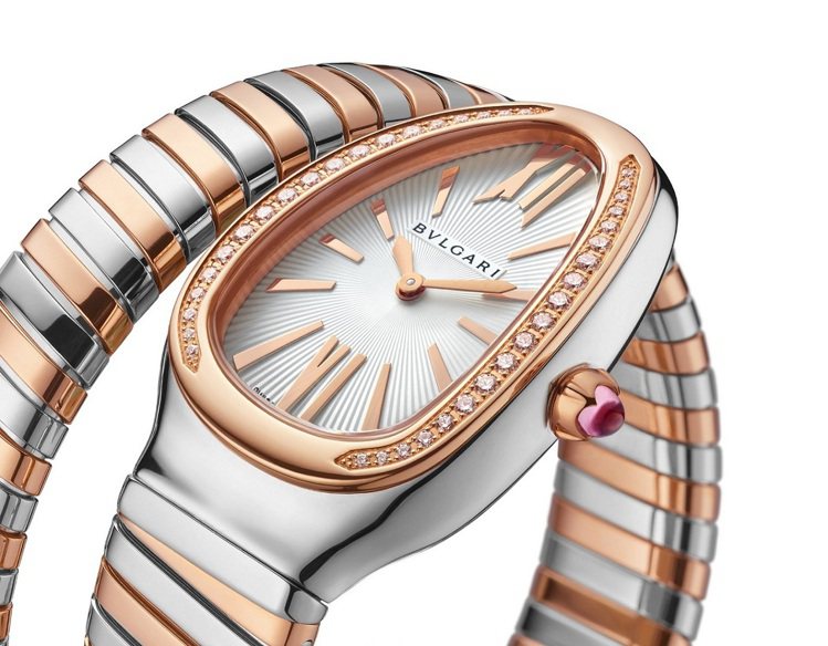 BVLGARI SERPENTI TUBOGAS玫瑰金精鋼單圈鑲鑽腕表，約41萬5,100元。圖／寶格麗提供