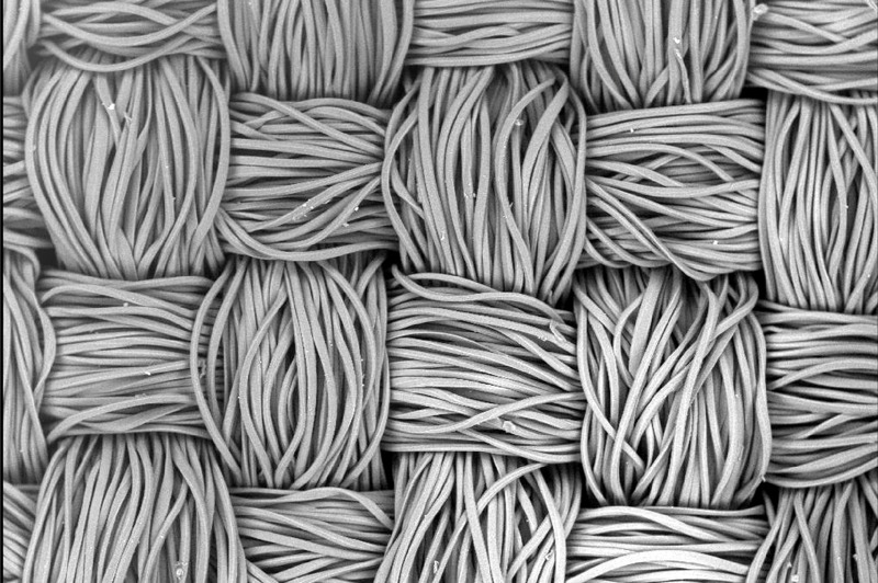 日本製出「夢幻材料」人造纖維，強度勝鋼鐵，將來還可能用來做汽車、飛機材料。圖為顯微鏡下的聚酯纖維。路透