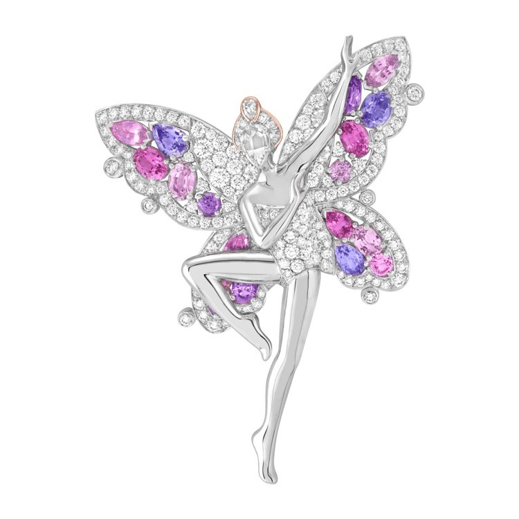 Fée des papillons胸針，白K金與玫瑰金鑲嵌粉紅色及淡紫色剛玉、鑽石，約850萬元。圖／梵克雅寶提供
