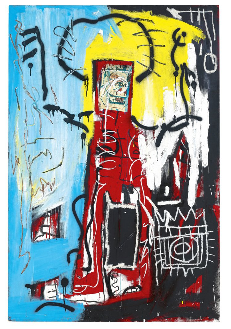 尚·米榭·巴斯奇亞1982 年作「無題」，壓克力、噴漆、油畫棒、複印拼貼、木板，182.9 x 121.9公分，估價1億4,000萬港元起。圖／佳士得提供