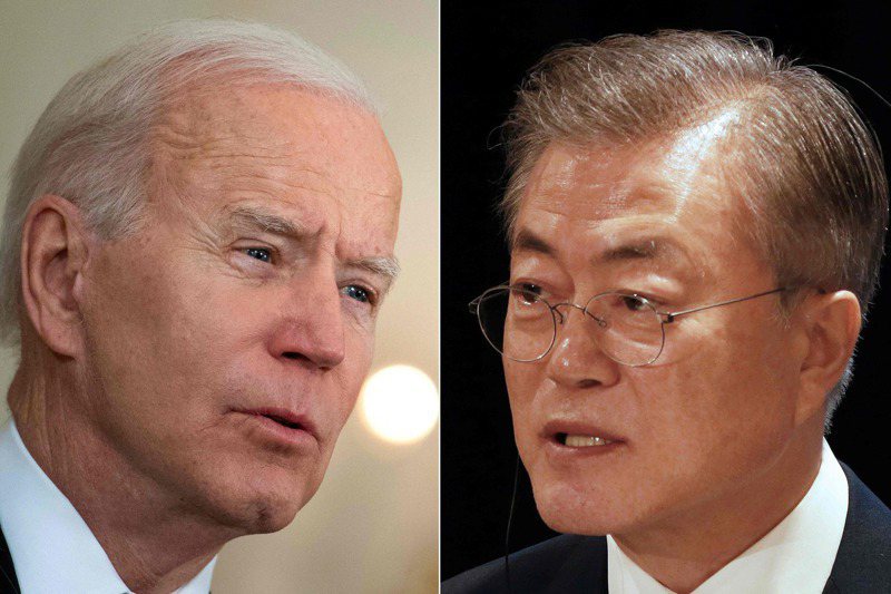 南韓總統文在寅（右）將於21日在白宮與美國總統拜登（左）舉行高峰會，討論美方關切的半導體供應短缺，及南韓疫苗短缺問題。法新社